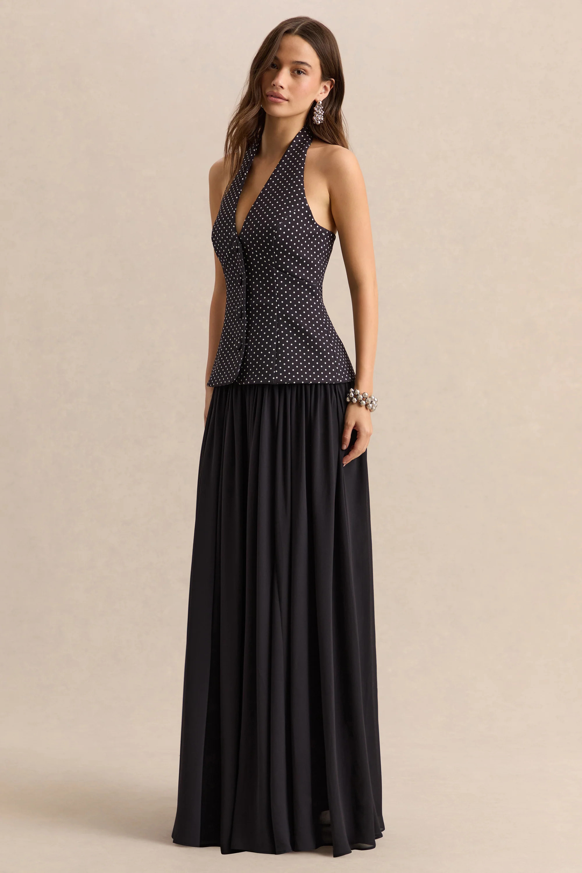 Zarina | Black & White Polka-Dot Plunge-Neck Maxi Dress | Club L London