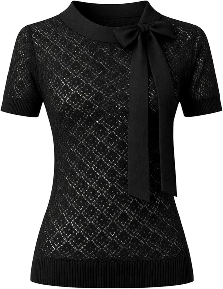 OXKNIT Women's Knit Solid Short Sleeve T-Shirt 1960s Classic Vintage Texture Crewneck Cotton Black Tops with Decor Bow at Amazon Women\u2019s Clothing store | Amazon (US)