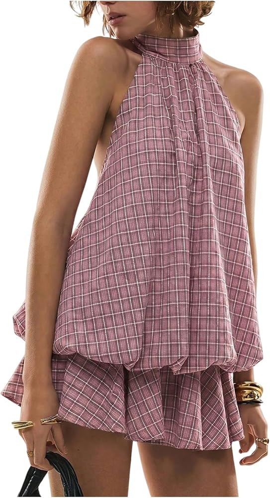 SOLY HUX Women's Plaid Halter Mini Dress Ruffle Bubble Hem Going Out Dress | Amazon (US)