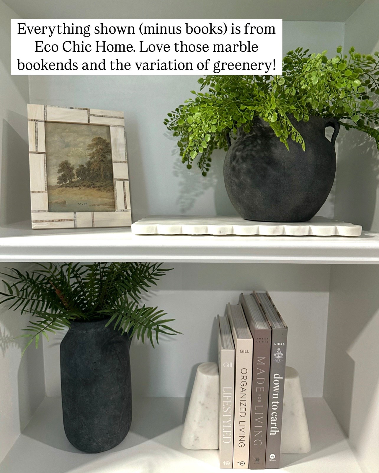  Shelf Decor. Follow @farmtotablecreations on Instagram for more inspiration.

Use code FARMTOTABLE20 for 20% off stems.

Sharing another area of my built in shelves and these beautiful decor finds from Eco Chic Home complement each other so well. I have 2 maiden hair sprays and fern bushes inside the charcoal vases. The marble book ends are so sleek and stylish and I’m loving the scalloped edge board, it makes for the perfect resting spot for decor. I’ve also included a beautiful inlayed photo frame. 

Spring Refresh |  Bedroom Finds | Neutral Stems | Spring Stems | Bookshelf Decor | Bedroom Space | Cozy Corner | Bathroom | Curated Entryway | Spring  Decor | End of Year Clearance | Trending Decor | Viral Decor  | Coffee Table Decor | Neutral Decor | Stem Sale | Target Finds | Skinny Bench | Bedroom | Living Room | Breakfast Nook | Amazon Home | Target Sale | Loloi Rugs | Magnolia Home | console table | console table styling | faux stems | entryway space | front porch decor | neutral decor | entryway decor | cozy home | affordable decor |  home decor | home inspiration | console styling | entryway rug | cozy moody home | moody home decor | neutral home | bathroom decor | living room | spring decor | Hearth & Hand | Studio McGee | 2025 Home Trends | trending home |


#LTKHome #LTKSaleAlert #LTKFindsUnder50