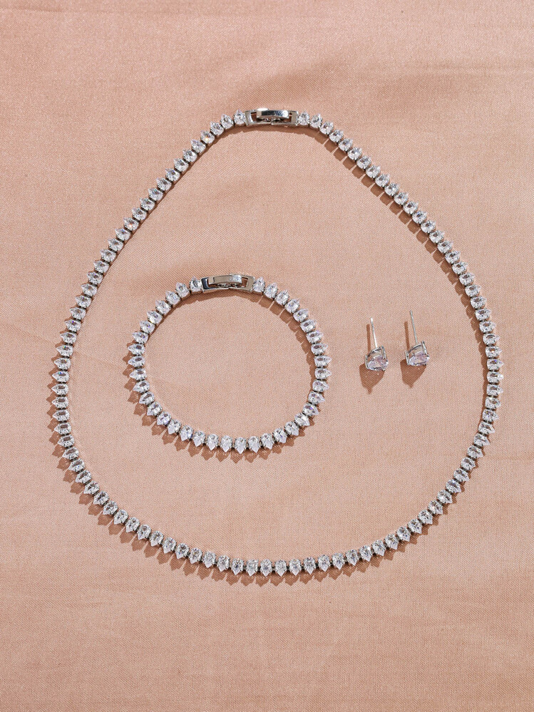 Bridal Accessory Zirconia Jewelry Set Including Earrings, Bracelet And Necklace | SHEIN
