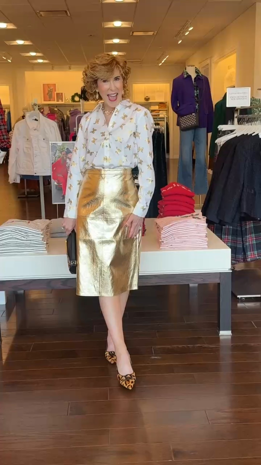 This combo is holiday perfection 🎀
The Non-Iron Perfect Shirt stays perfectly crisp, and those tiny metallic bows add the sweetest festive touch. Paired with this gorgeous gold Crinkle Metallic Faux Leather Midi Skirt, it’s chic, shimmer-y look that’s effortless and so much to fun to wear!

#LTKFindsUnder100 #LTKHoliday #LTKSeasonal
