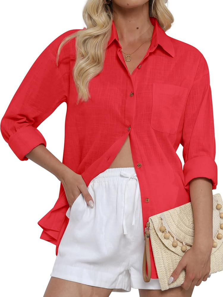CUNLIN Women's Button Down Shirts Long Sleeve Cotton Summer Beach Wear for Women with Pocket | Amazon (US)