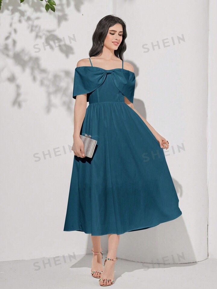 SHEIN Mulvari Solid Color Off Shoulder Neckline Elastic Waistband Dress | SHEIN