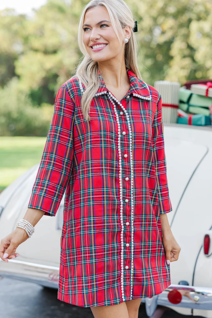 The Kindness Red Tartan Plaid Embellished Button Down Dress | The Mint Julep Boutique