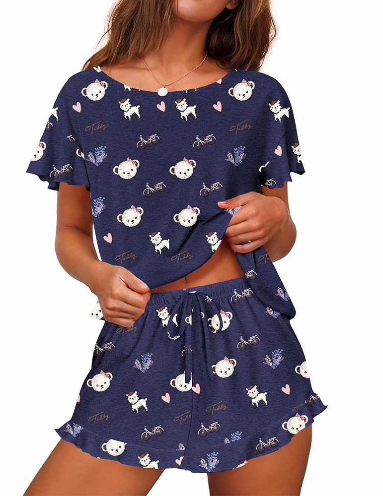Ekouaer Women's Pajama Set Ruffle Sleeves Top and Short Soft 2 Piece Loungewear Set | Amazon (US)