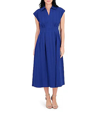Kensie Stripe Cotton Point Collar V-Neck Cap Dolman Sleeve Smocked Pleated Midi A-Line Dress - 14 | Dillard's