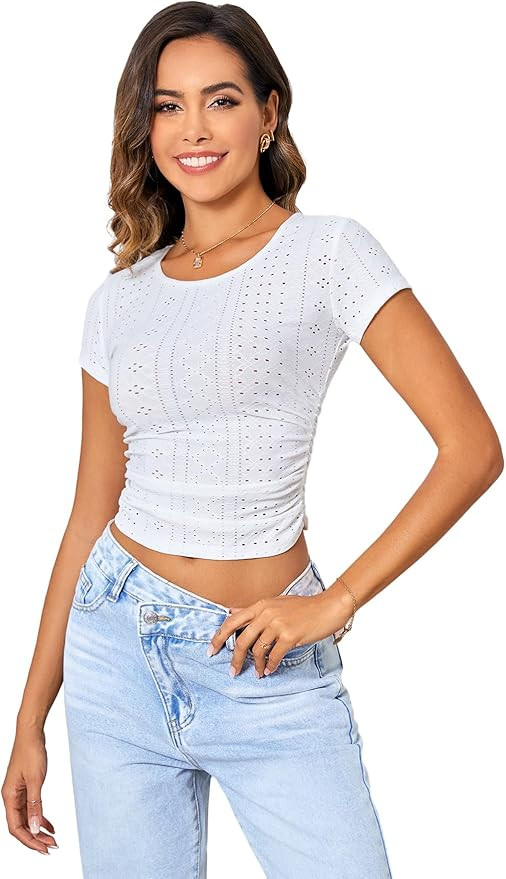 SweatyRocks Women's Basic Short Sleeve Skinny Eyelet Embroidery Crop Tee Top | Amazon (US)