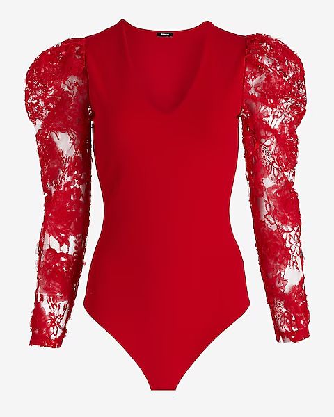 V-neck Lace Puff Sleeve Bodysuit | Express