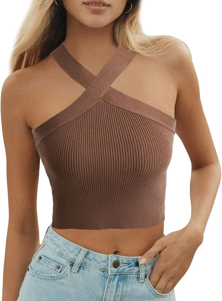ACOSAP Women Crisscross Halter Crop Top Sexy Wrap Sleeveless Backless Ribbed Knit Tank Top Vest Tank | Amazon (US)