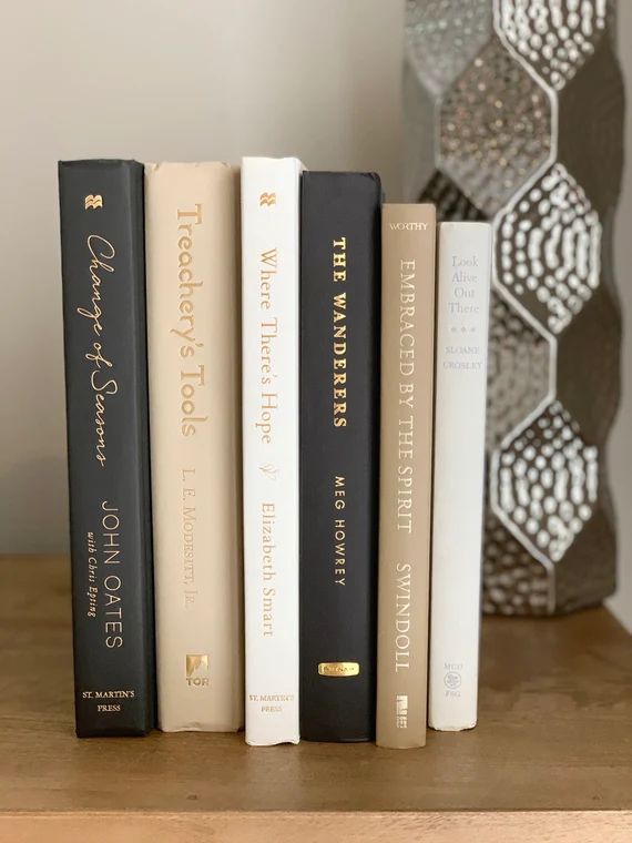 Tan + Black + Ivory Decorative Books (set of 3-6), Sliver / Gold / Black Text, book decor, neutra... | Etsy (US)