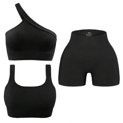 Womens 3 Piece Workout Sets - Seamless Ribbed Yoga Outfits Sports Bra One Shoulder Top Biker Shorts Gym Athletic Cloth | SHEIN