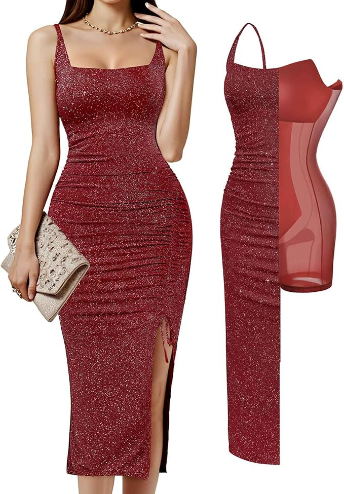 Popilush Shapewear Midi Dress Women's Sparkly Formal Wedding Guest Cocktail Dresses Fall Square N... | Amazon (US)