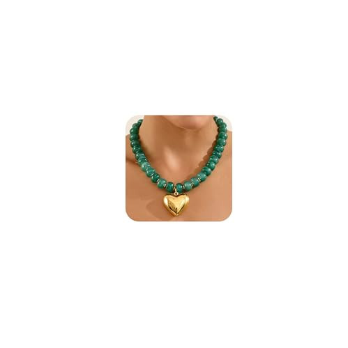 HUAYUNFANG Green Chunky Necklace for Women Gold Puffy Heart Pendant Statement Necklaces Trendy Green Resin Beads Choker Necklace Jewelry | Amazon (US)