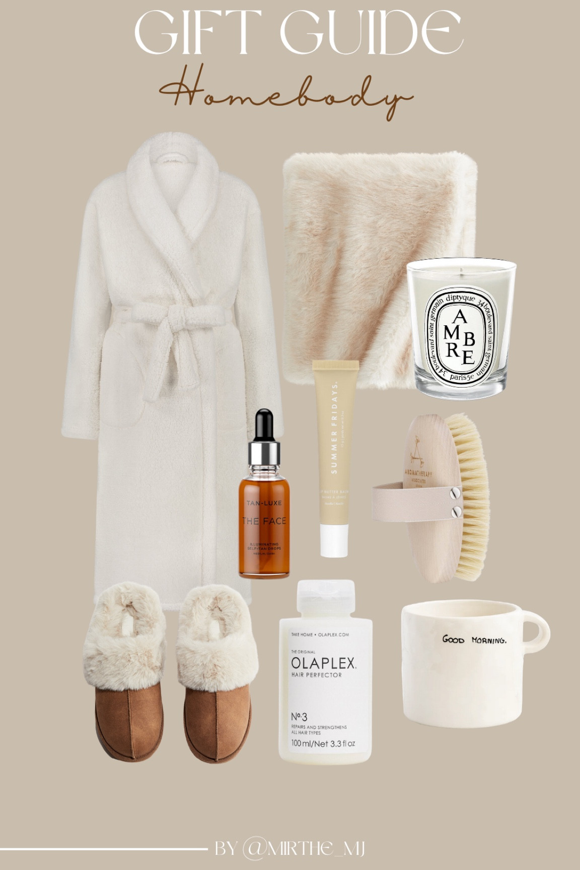 Homebody gift guide 🧦
White dressing goen, goodmorning mug, beige fluffy blanket, diptyque candle, dry brush, summer fridays, olaplex, Christmas presents

#LTKnederlands #LTKCyberWeek #LTKgiftguide