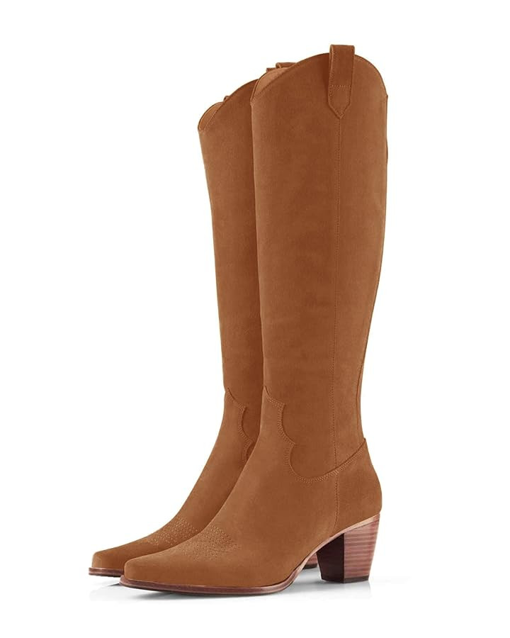 Women Cowboy Knee High Boots Chunky Block Heel Square Toe Tall Riding Boots | Amazon (US)