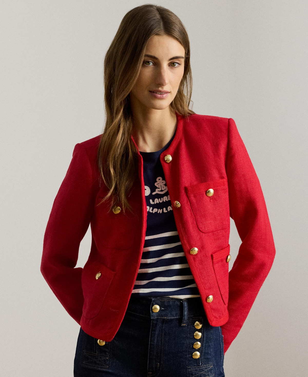 Lauren Ralph Lauren Women's Crewneck Long-Sleeve Cropped Jacket - Cruise Red | Macy's