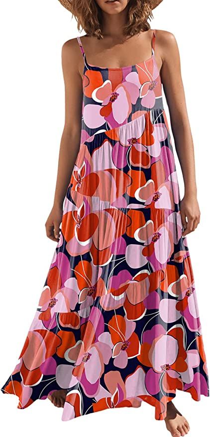 ANRABESS Women’s Summer Casual Loose Sleeveless Spaghetti Strap Asymmetric Tiered Beach Maxi Lo... | Amazon (US)