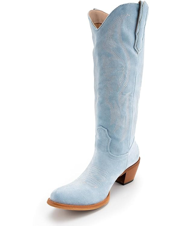 KaroNairy Women Cowboy Boots Faux Suede Embroidered Pointed Thick Heeled Western Wide Calf Cowgir... | Amazon (US)