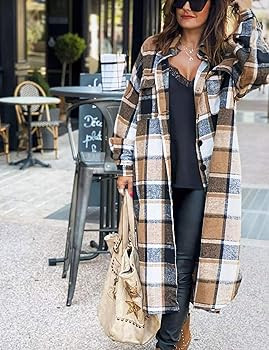 Omoone Women's Lounge Lapel Button Up Long Sleeve Plaid Long Shirt Jacket Shacket | Amazon (US)