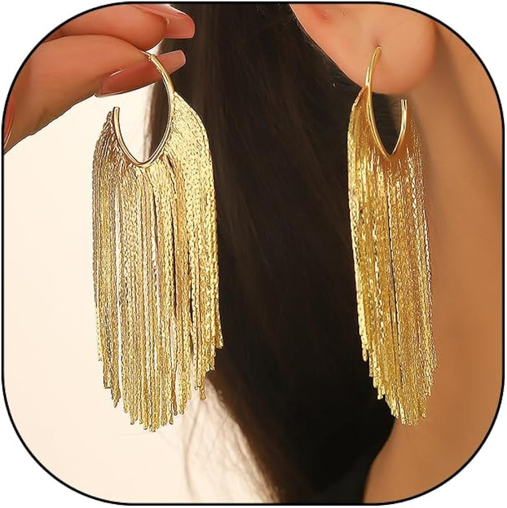 Plated Gold Long Tassel Drop Earrings,Vintage Linear Tassel Dangle Statement Earrings,Aesthetic F... | Amazon (US)