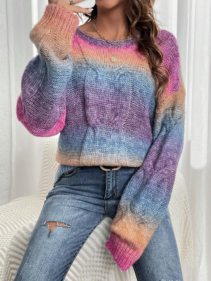 SHEIN LUNE Ombre Drop Shoulder Cable Knit Sweater | SHEIN