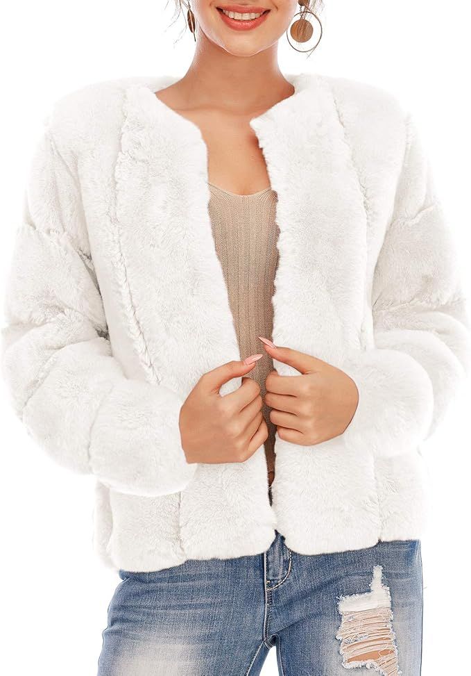 Simplee Women Luxury Winter Warm Fluffy Faux Fur Short Coat Jacket Parka Outwear | Amazon (US)