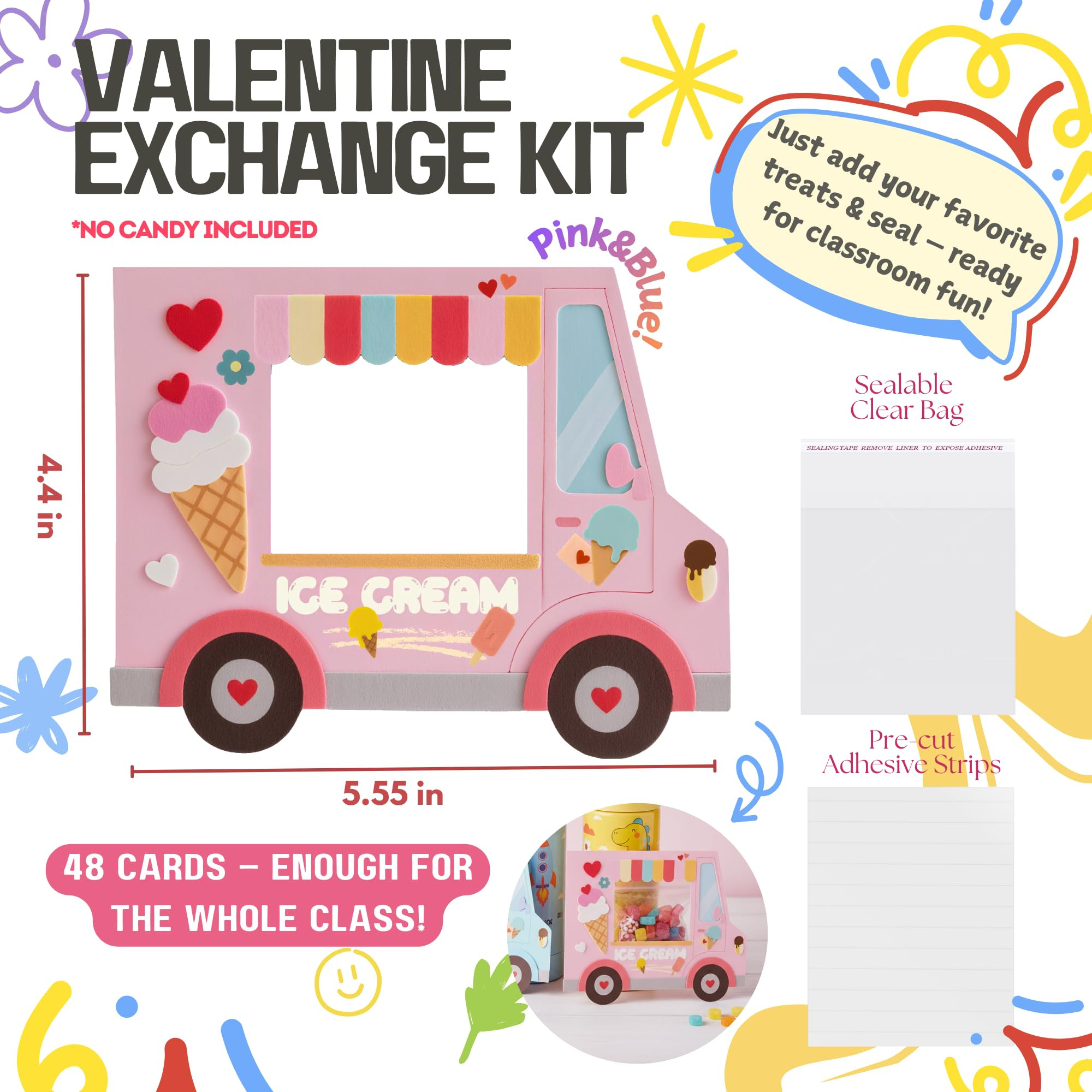 Valentines Day Cards for Kids School, 48 Pack Vivid Class Exchange Cards Bulk with Treat Bags & S... | Amazon (US)