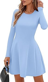 PRETTYGARDEN Long Sleeve Mini Dress for Women 2026 Spring Crewneck Knit Pleated Babydoll A Line C... | Amazon (US)
