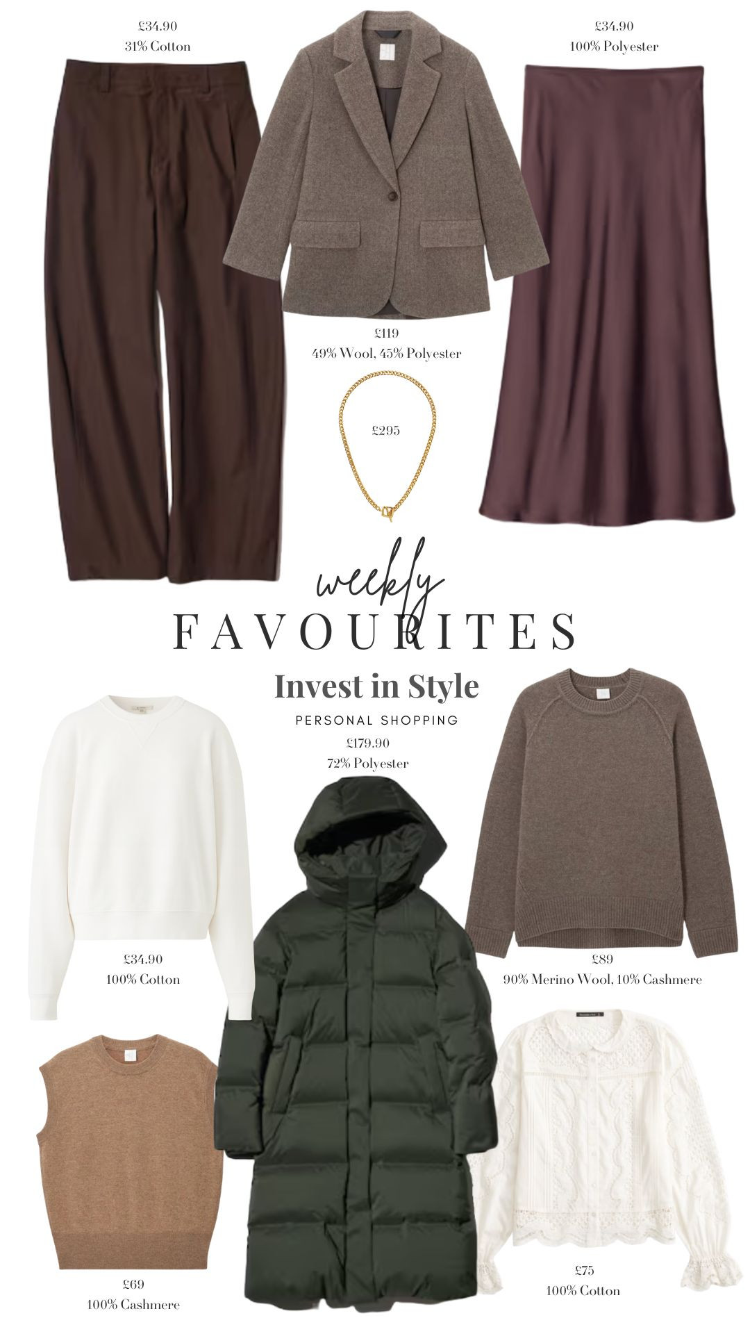Weekly Favourites!✨ 

Wardrobe Staples, Winter Style, Winter Fashion, Winter Essentials, Knitwear, John Lewis, Uniqlo Trousers, Puffer Coat, Satin Skirt, Gold Necklace 

#LTKuk #LTKwinter #LTKeurope