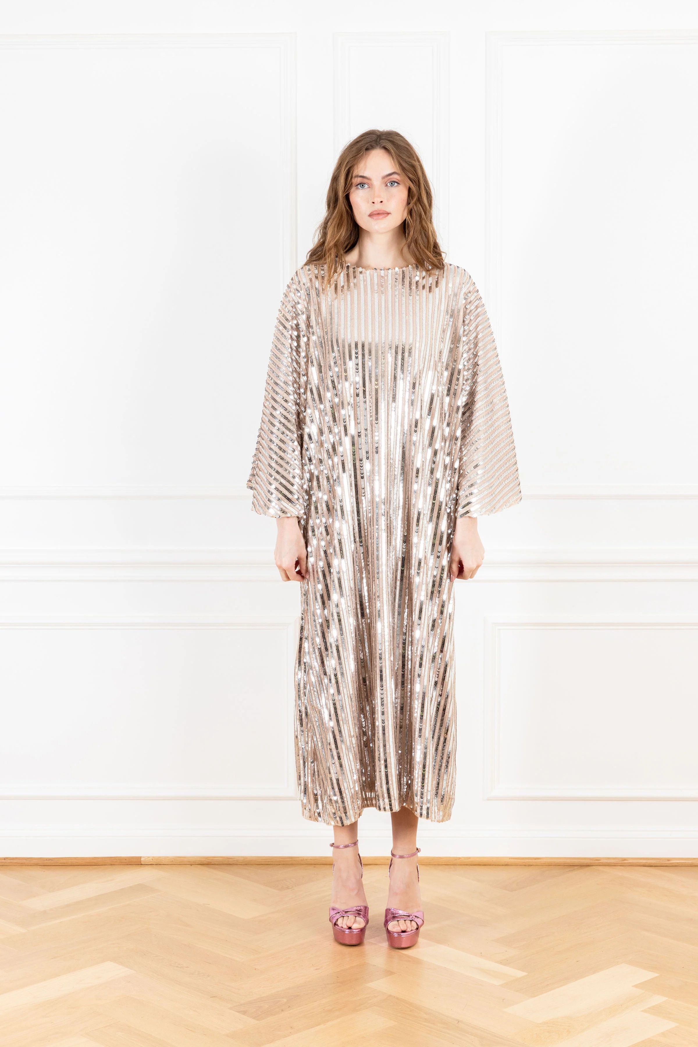 Champagne Stripe Sequin Maxi Tie Back Dress | La Vie Style House