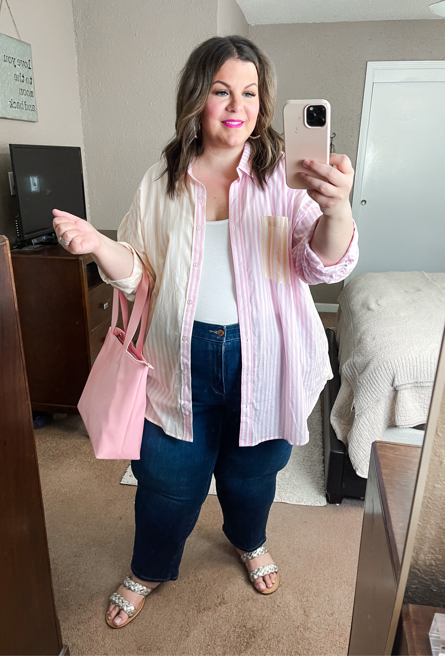 Plus size Target outfit! These plus size straight leg jeans are my FAVES - wearing a 26, they’re true to size. Striped button up is very oversized, wearing a 3X but I could easily size down. Wearing sandals in a 12 wide. I’m 5’7 for height reference. 

#LTKcurves #LTKunder50 #LTKFind
