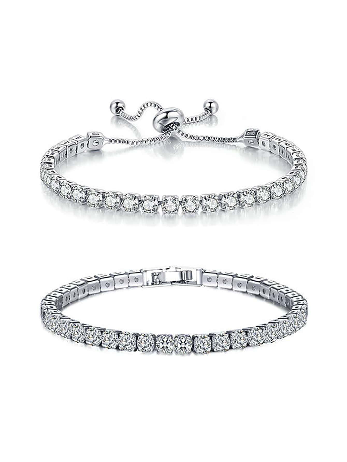 2 Pcs  Round Zirconia Adjustable Tennis Bracelet for Women Girl Daily Wear | SHEIN