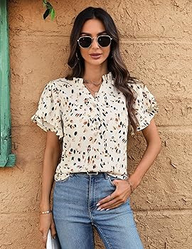 LOOKBOHO Womens Tops Dressy Casual Trendy Business Work Blouses Short Sleeve Ruffled V-Neck Tshir... | Amazon (US)
