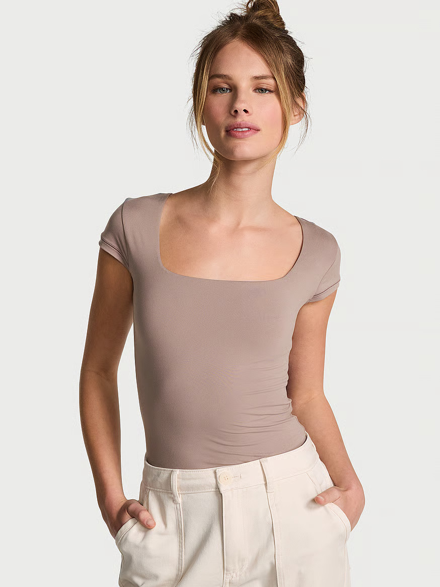 Buy Base Stretch Cap-Sleeve Tee, Iced Coffee - Order Tops online - PINK US | Victoria's Secret (US / CA )