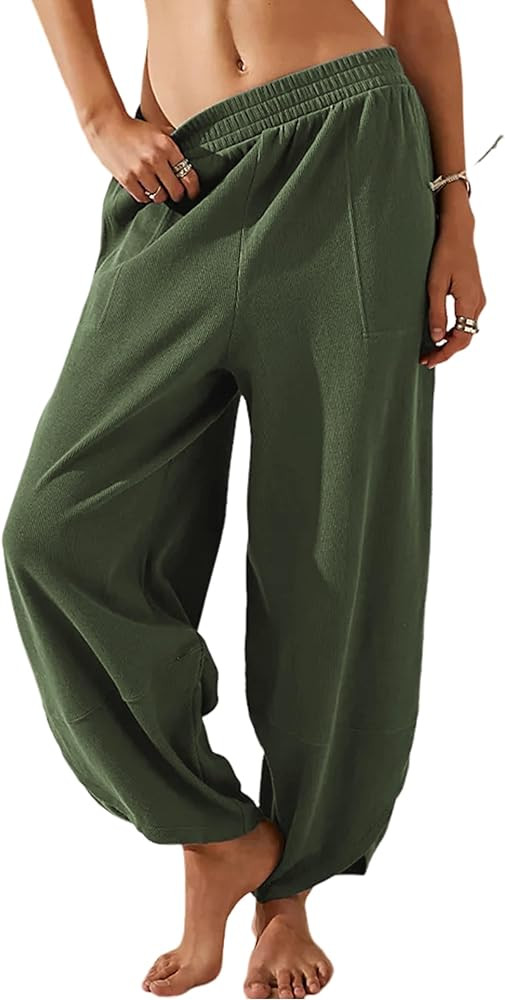 Xiaoxuemeng Womens Baggy Wide Leg Pants Casual Elastic Waisted Palazzo Harem Pants with Pockets | Amazon (US)