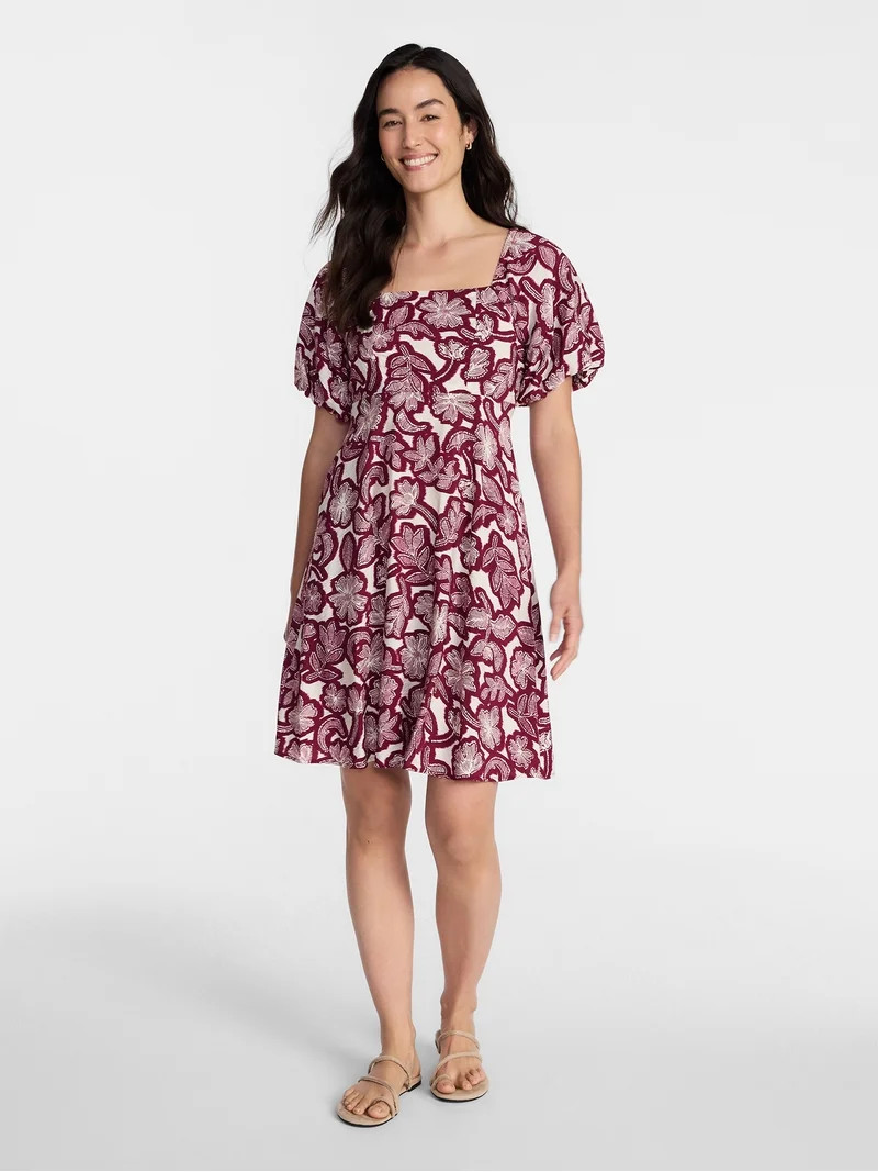 Time and Tru Women's Airflow Mini Dress with Puff Sleeves, Sizes XS-XXXL | Walmart (US)