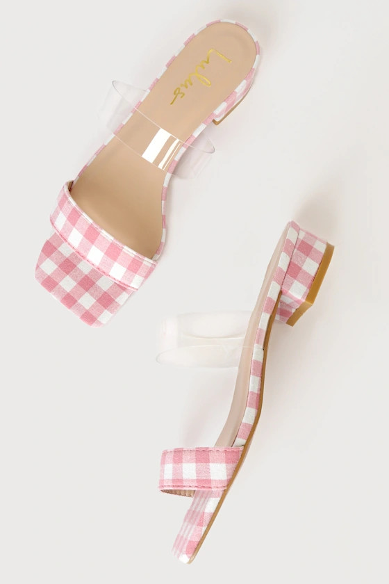 Roniah Pink Gingham Block Heel Slide Sandals | Lulus (US)