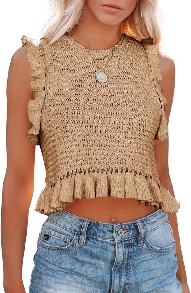 PiePieBuy Women's Summer Knit Tank Tops Crew Neck Sleeveless Cami Shirts Tees Ruffle Sweater Vest | Amazon (US)
