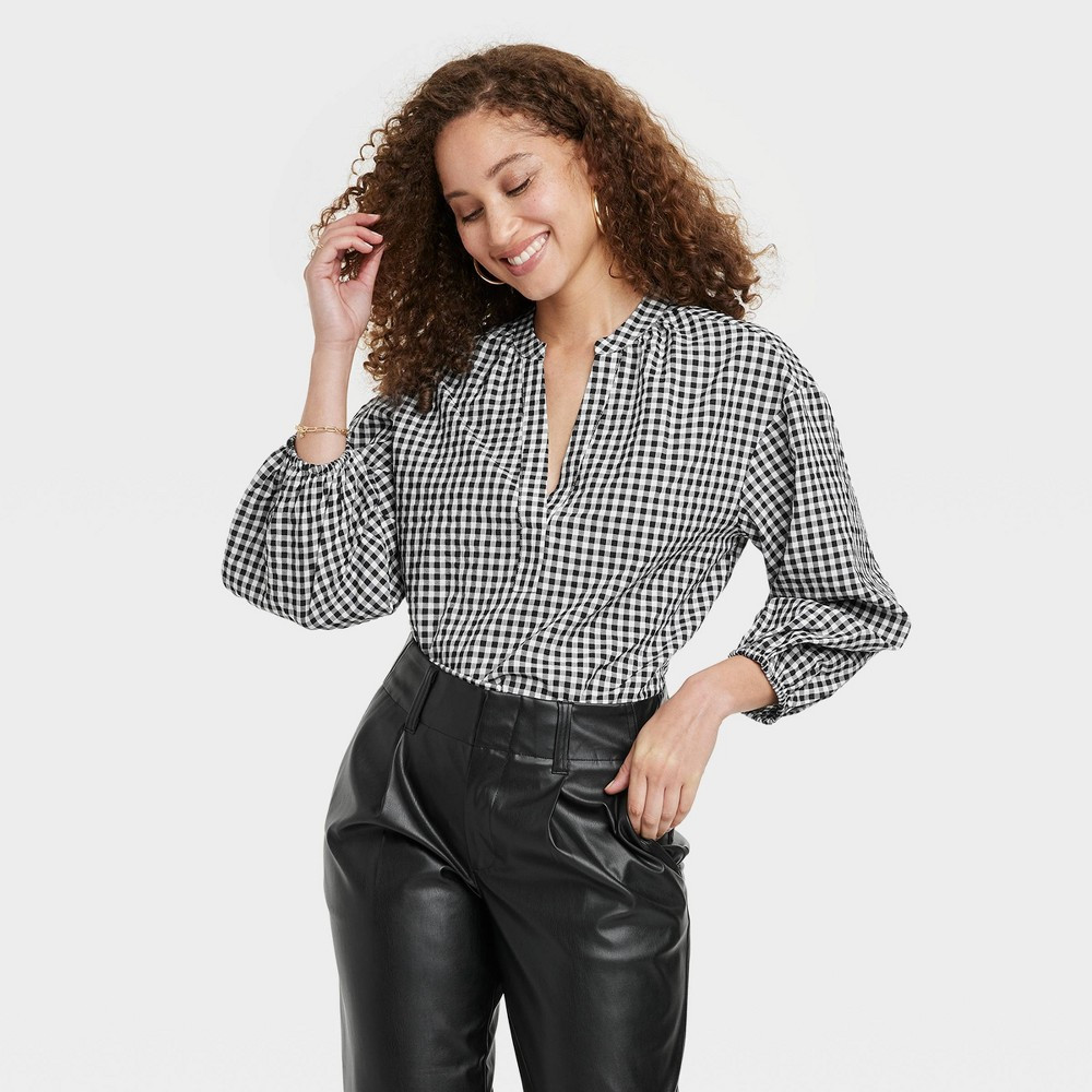 Women's Long Sleeve Gingham Popover Top - A New Day Black/White S | Target