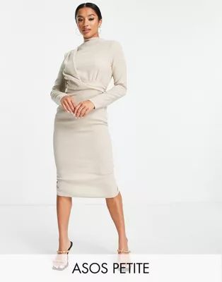 ASOS DESIGN Petite high neck shoulder pad twist front midi dress in stone | ASOS (Global)