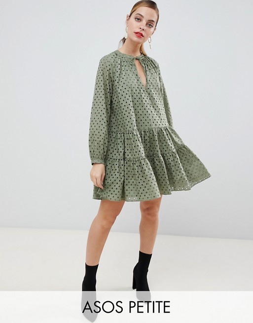 ASOS DESIGN Petite tiered trapeze mini dress in broderie | ASOS US