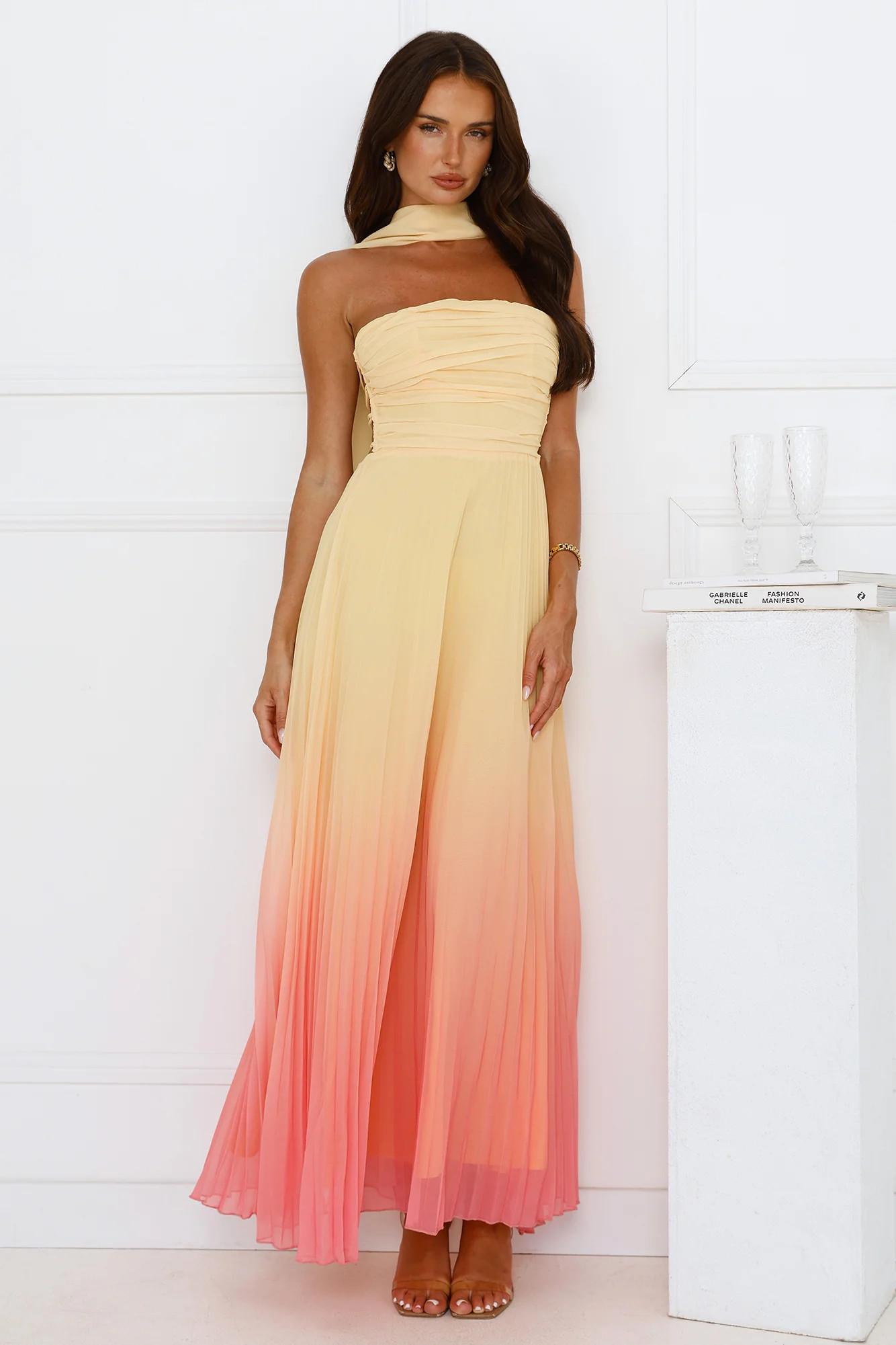 Sunset Magic Strapless Pleated Maxi Dress Yellow | Hello Molly (US)