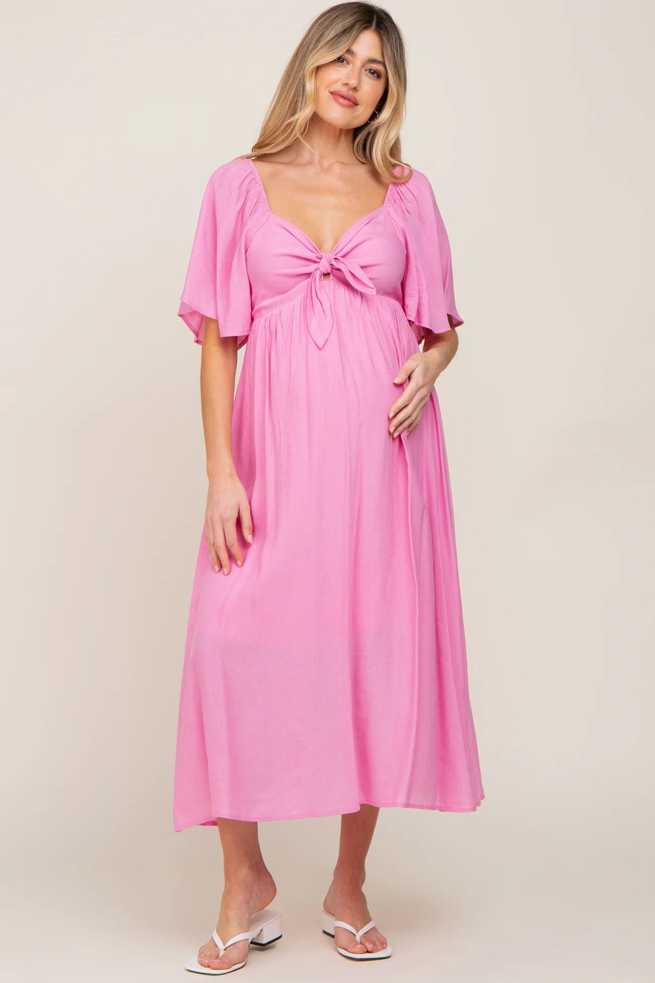 Pink Front Tie Ruffle Sleeve Maternity Midi Dress | PinkBlush Maternity