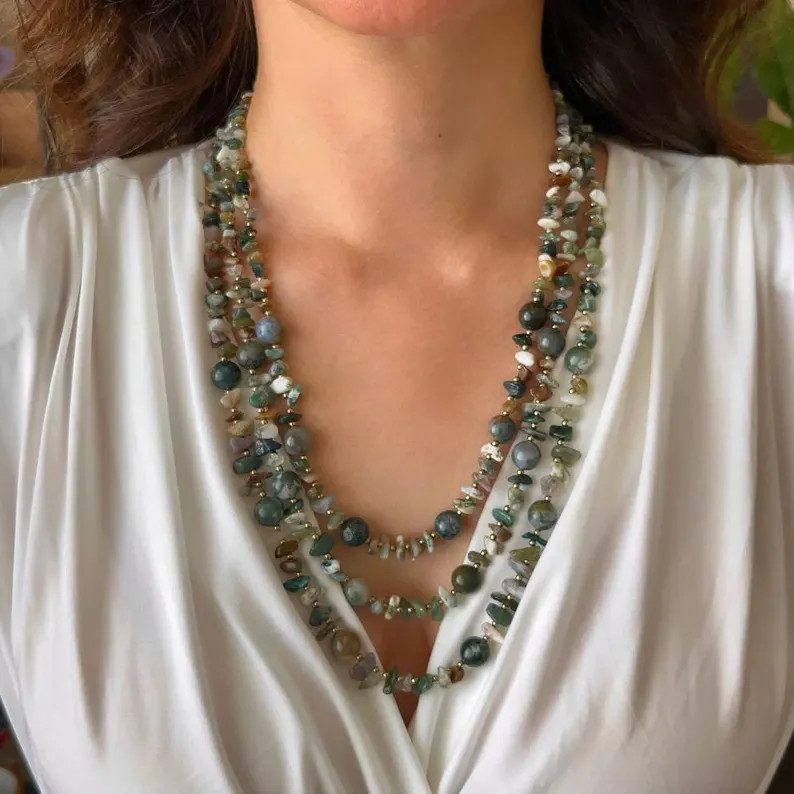 Green Gemstone Multi Layered Long Necklace: Amazonite Gemstone Agate Natural Stone Women Gift Jew... | Etsy (Global)
