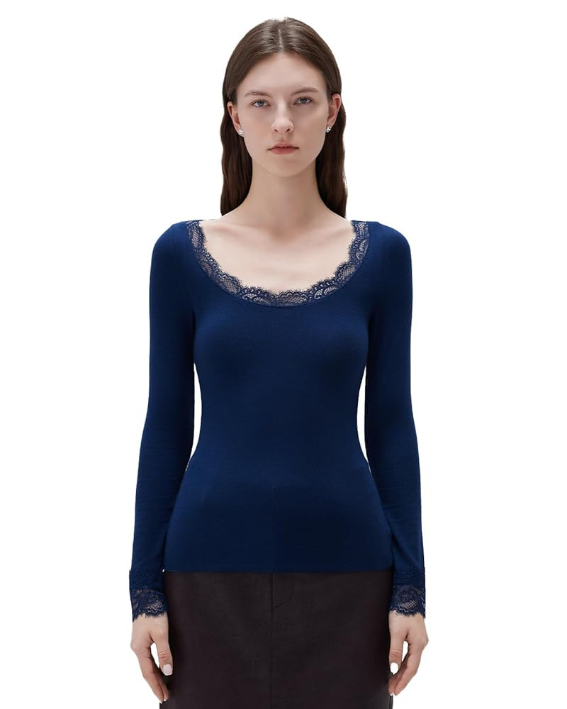SUUKSESS Cloud Cashmere Women Lace Scoop Neck Casual Tops Going Out Basic Long Sleeve Knit Shirts... | Amazon (US)