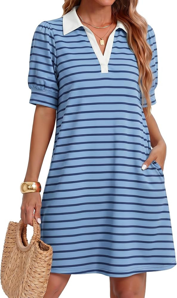 ZESICA Womens Summer Striped T Shirt Mini Dresses 2026 Casual Lapel V Neck Short Sleeve Flowy A L... | Amazon (US)