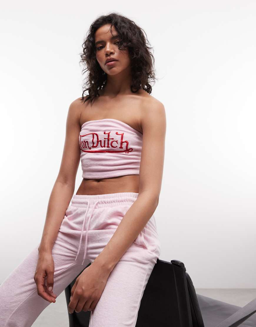 Von Dutch 3 piece y2k cropped bandeau velour top with contrast graphic in pink co-ord | ASOS (Global)