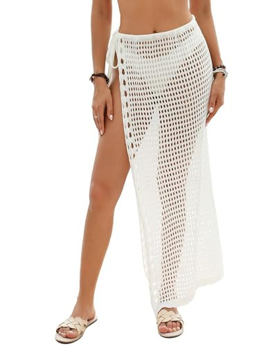 Bsubseach Women's Swimwear Cover Up Skirt Tie Side Swimsuit Crochet Sarong Wrap Long Beach Skirt Cover Up (White M) | Amazon (US)