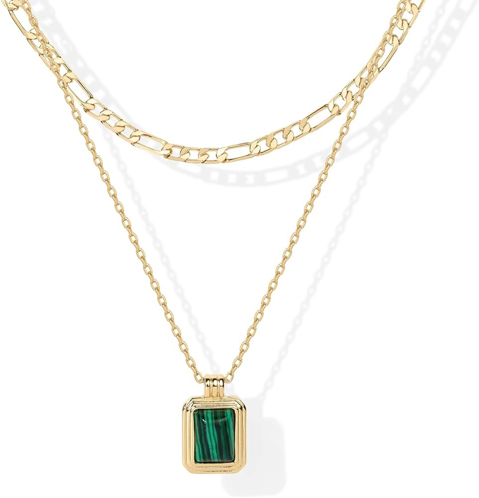 Amazon.com: PAVOI 14K Yellow Gold Plated Layered Necklaces for Women | Malachite Gemstone Pendant... | Amazon (US)
